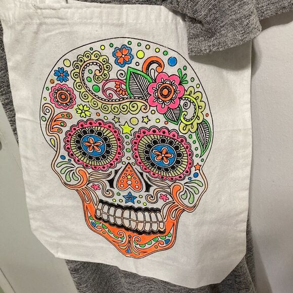 Hand-Painted Skull Canvas Tote Bag Neon Glow in the Dark 13.5 x 13 x 2.5 inches - Picture 13 of 14